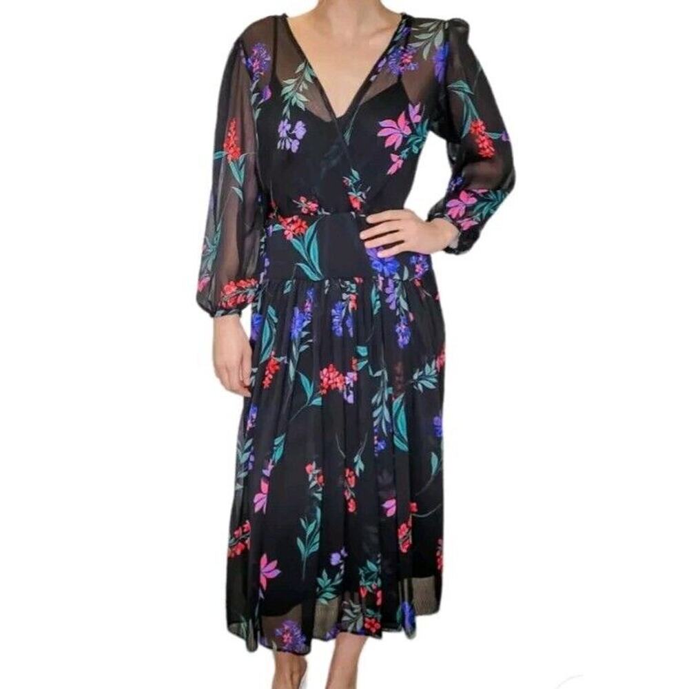 Calvin Klein Black Chiffon Slip Dress Size 4 Large Floral Print Faux Wrap Belted